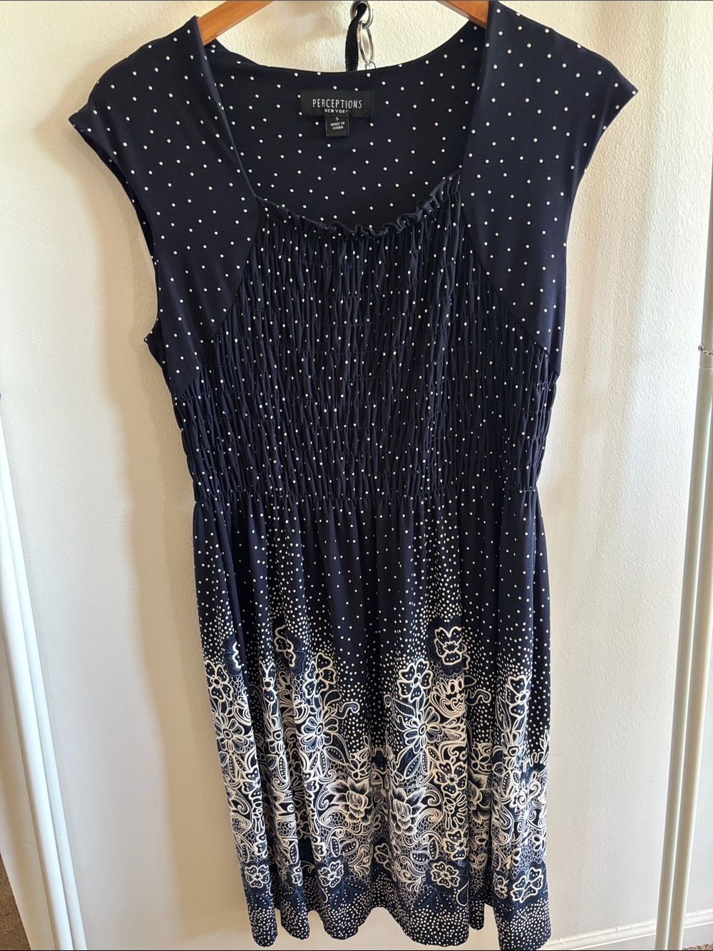 Perceptions Navy & White Polka Dot Floral Cap Sleeve Dress